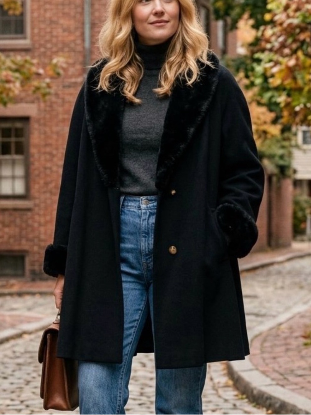 Mackintosh New England Black Wool Swing Coat Faux Fur Collar Vintage USA Made